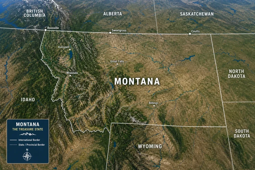 Aerial view of Montana state borders showing neighboring states and Canadian provinces