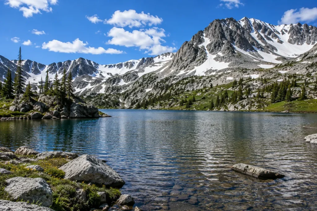 High alpine lake in the Beartooth Mountains with snow-capped peaks in the background, ideal cutthroat habitat