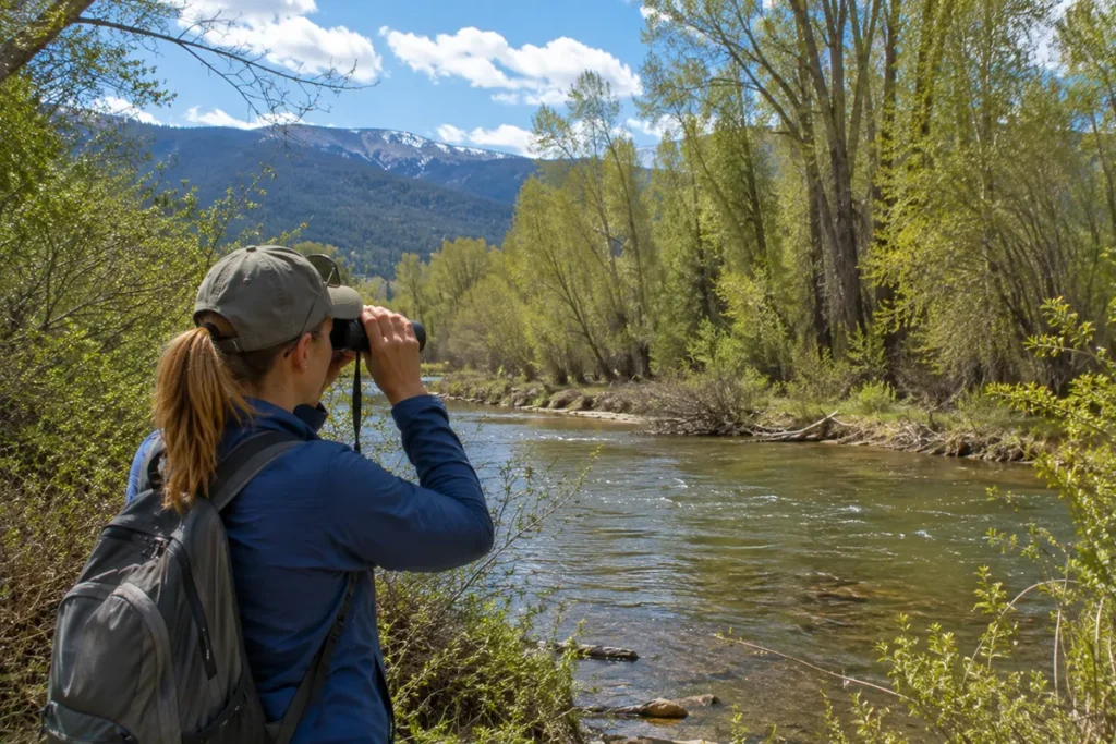 Visitor with binoculars observing wildlife in Montana riparian habitat with willows and cottonwoods