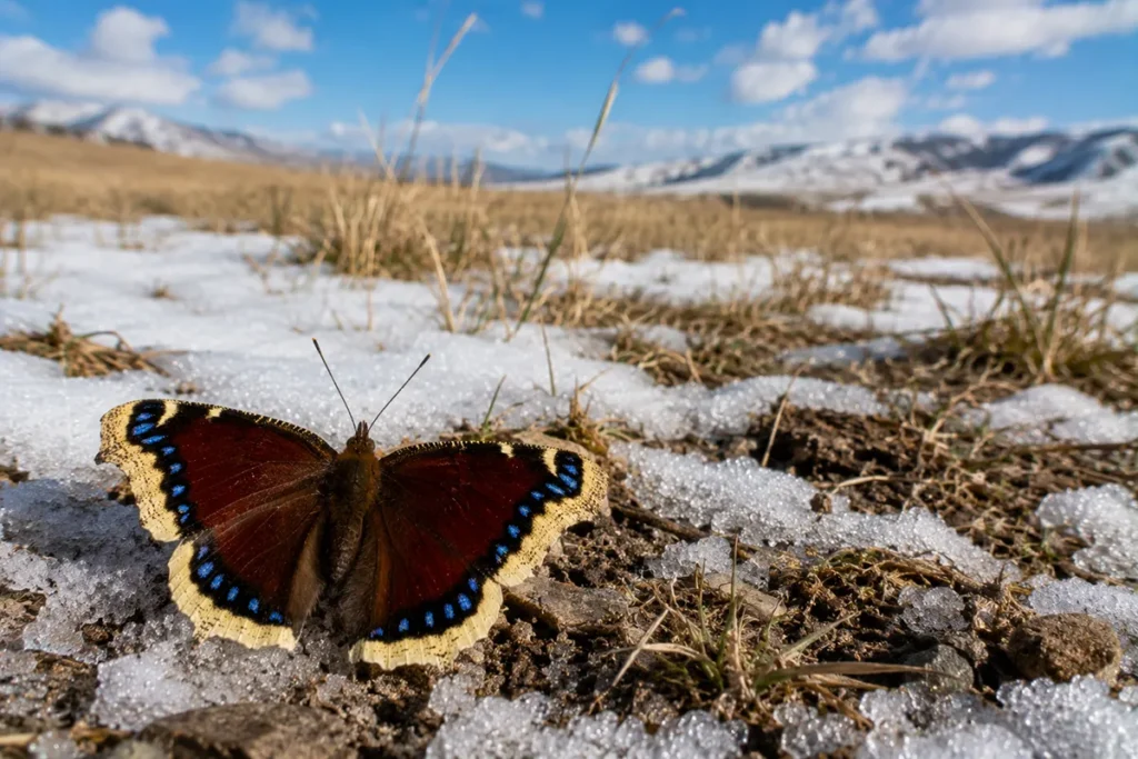 Mourning cloak butterfly on snow-dusted ground in early spring Montana landscape, with patches of brown grass emerging