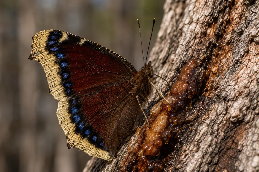 Mourning cloak butterfly feeding at tree sap flow, showing proboscis extended