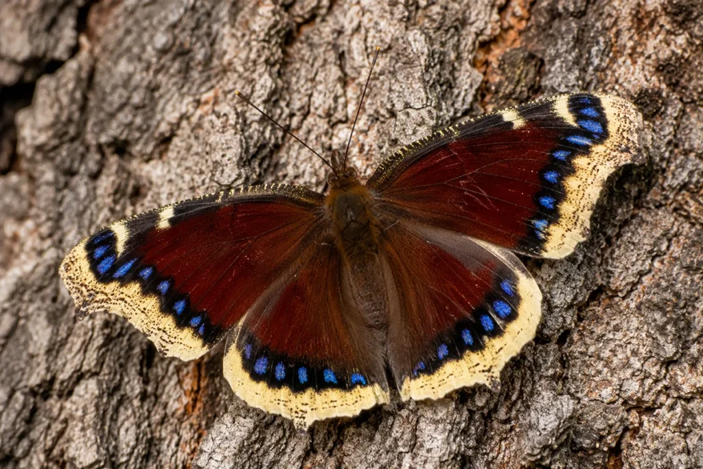 Close-up of a mourning cloak butterfly with wings spread, showing the distinctive dark maroon coloring with cream-yellow border and blue spots, resting on tree bark