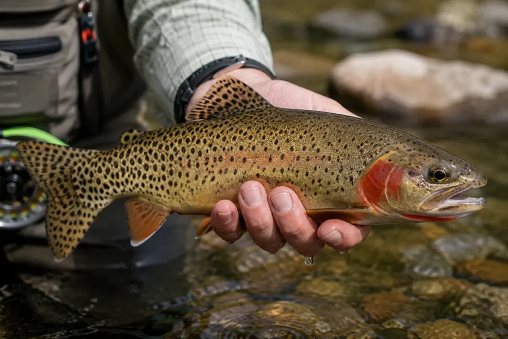 Close-up of a blackspot cutthroat trout being held by an angler, showing the distinctive red slash marks under the jaw and spotted tail