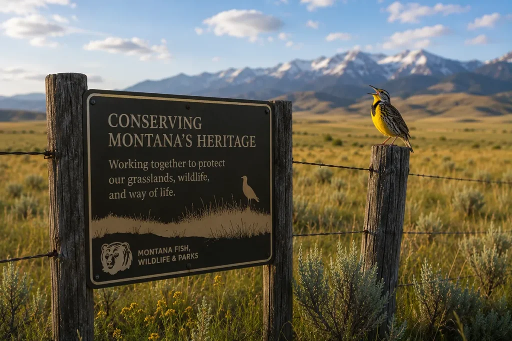 Conservation sign in Montana grassland habitat with meadowlark perched nearby
