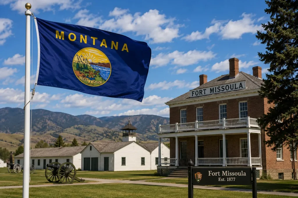 Montana state flag flying at Fort Missoula with historic buildings in background