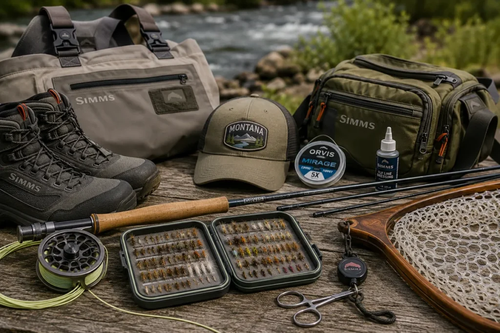 Fly fishing gear laid out including rod, reel, fly box, waders, and other equipment needed for Montana trout fishing