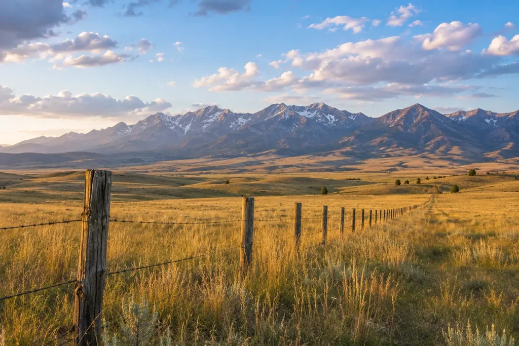 Montana prairie grassland habitat with fence line receding into distance, mountains on horizon