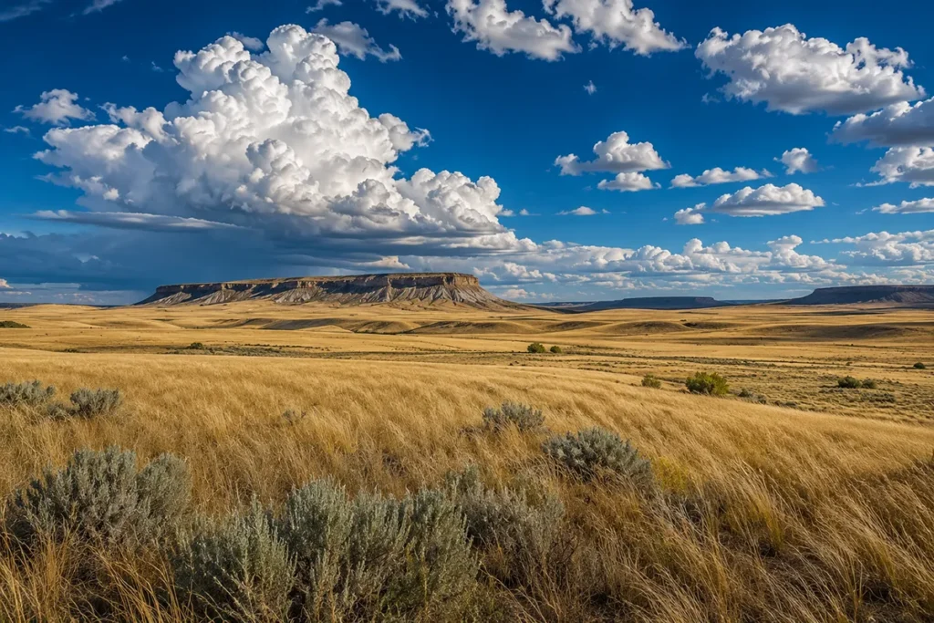 Wide open semi-arid prairie landscape in eastern Montana with golden grasses, cracked earth, and a dramatic sky