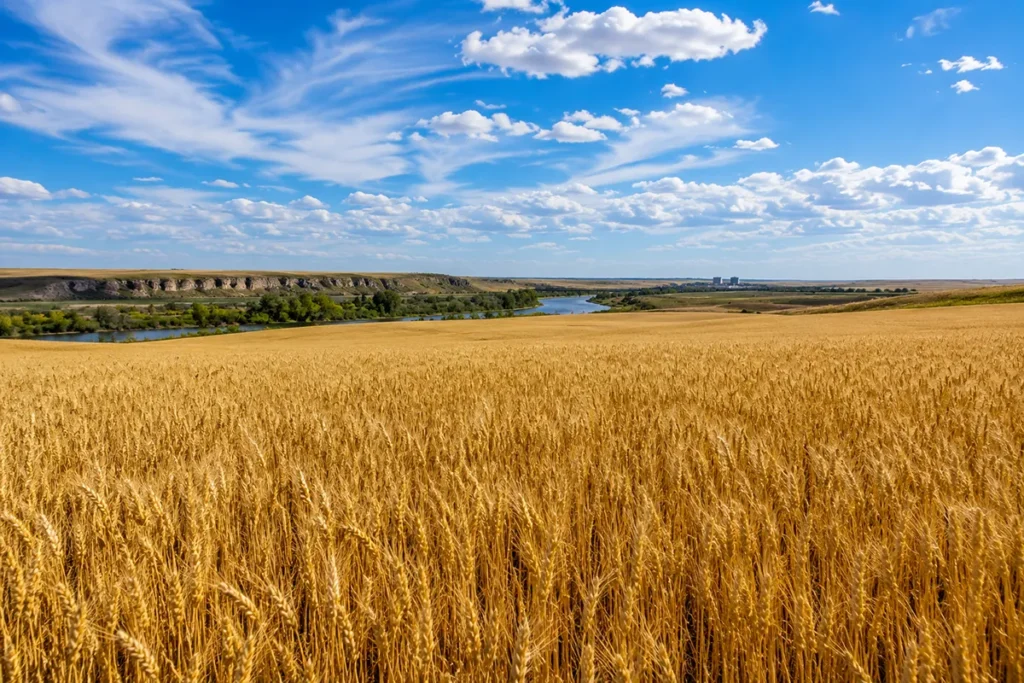 Golden wheat field stretching toward blue Montana sky near Great Falls