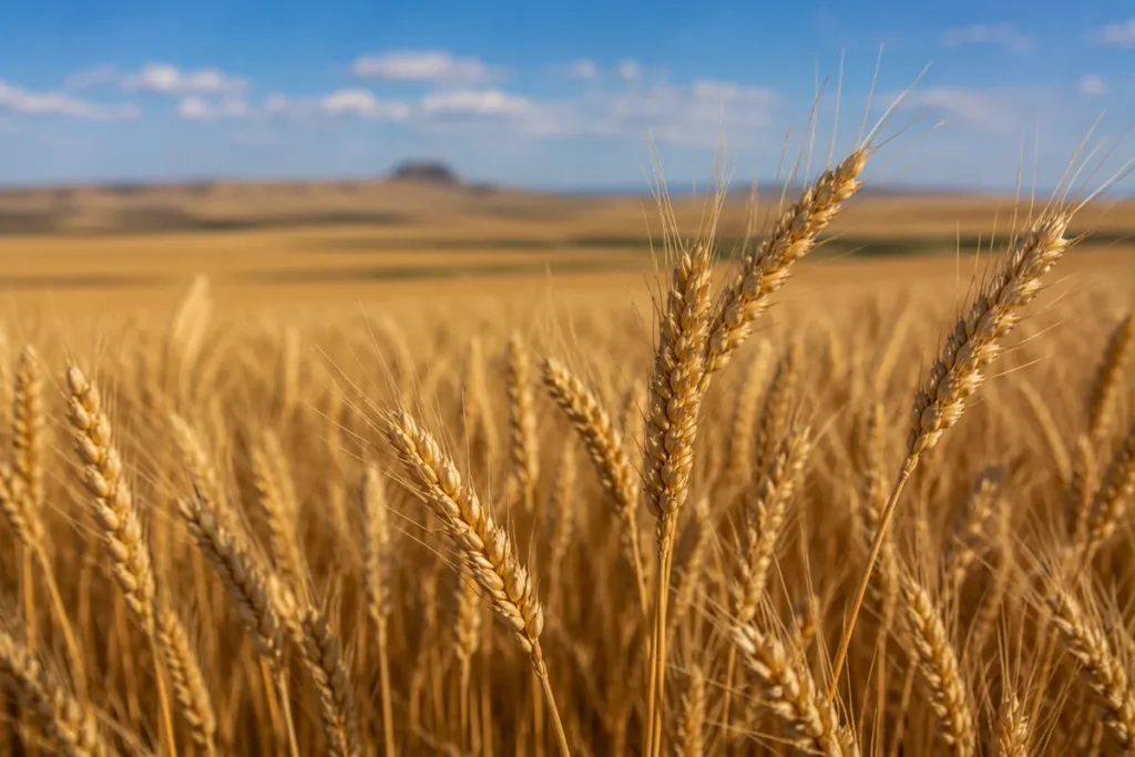Close-up of golden wheat stalks in Montana's Golden Triangle region