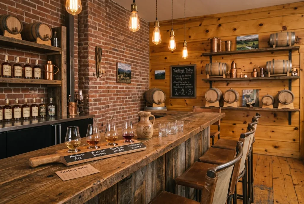 Interior of a Montana craft tasting room with rustic wooden bar, tasting flight glasses, and warm lighting