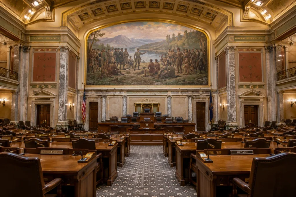 Interior of the Montana House of Representatives chamber showing wooden desks and the Lewis and Clark Russell painting