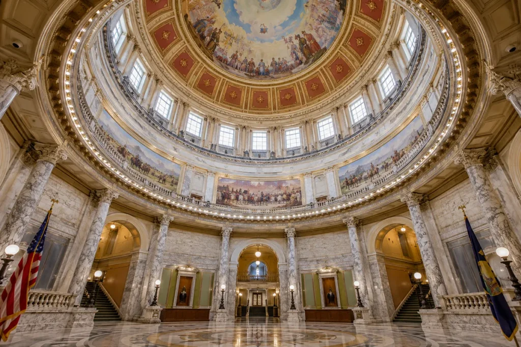 Interior view of the Montana State Capitol rotunda showing the painted dome ceiling and circular architecture