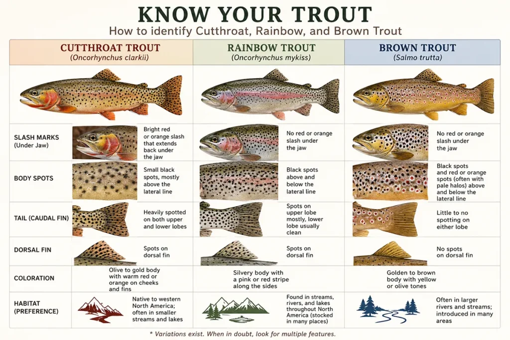 Comparison chart showing the differences between cutthroat, rainbow, and brown trout with labeled identifying features