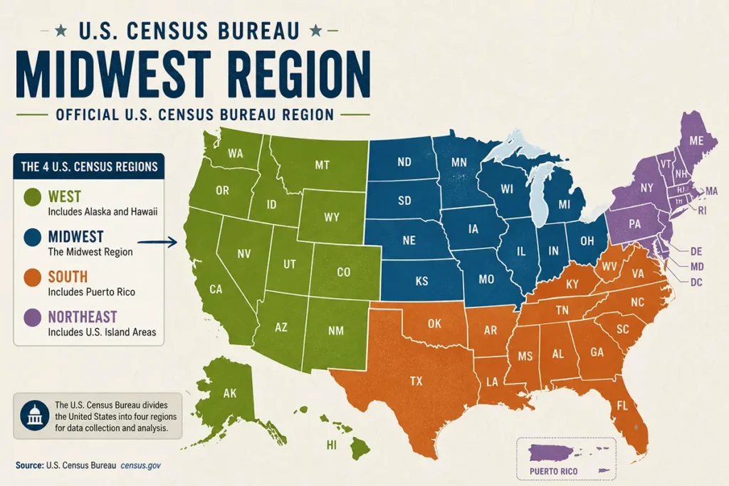 Map graphic showing the official U.S. Census Bureau Midwest region