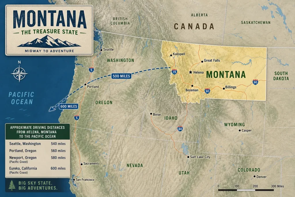 Map showing Montana's location in relation to the West Coast states, highlighting the distance from the Pacific Ocean