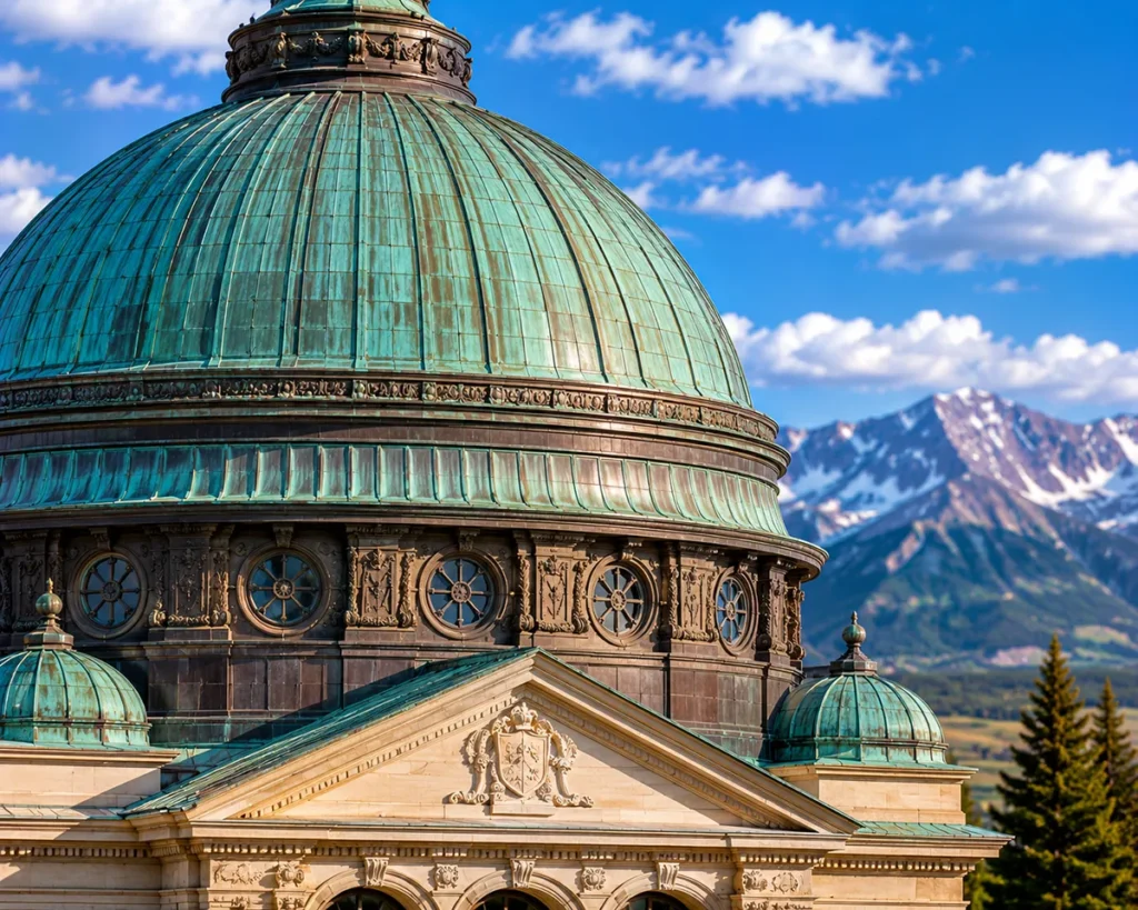 Close-up of the Montana State Capitol's copper dome showing the patina and architectural details