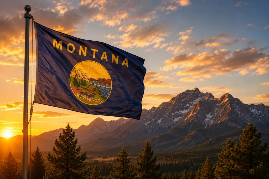 Montana state flag photographed at golden hour with mountain backdrop