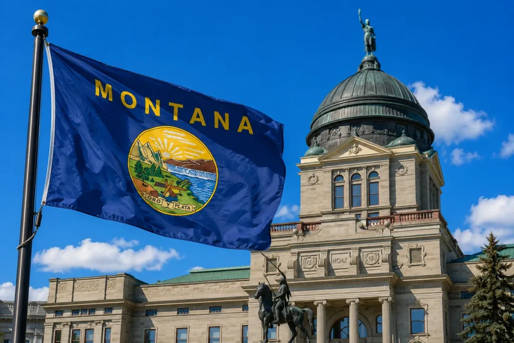 Montana state flag flying in front of the State Capitol building in Helena against blue sky