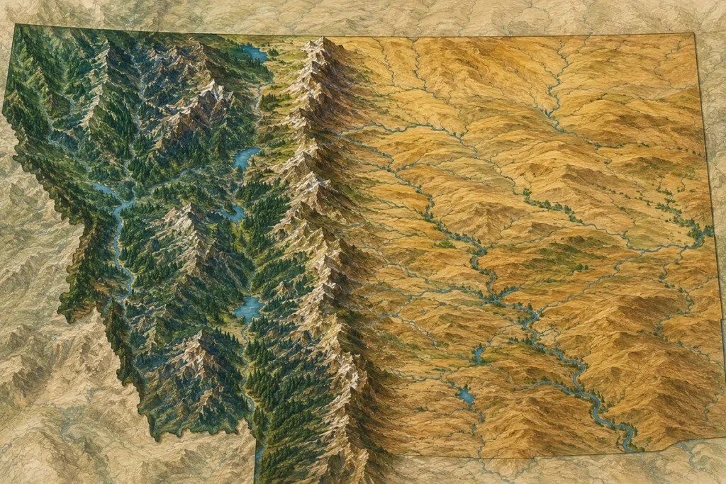 Map-style illustration showing Montana's climate divide with green western forests, brown eastern plains, and the Continental Divide running through the middle