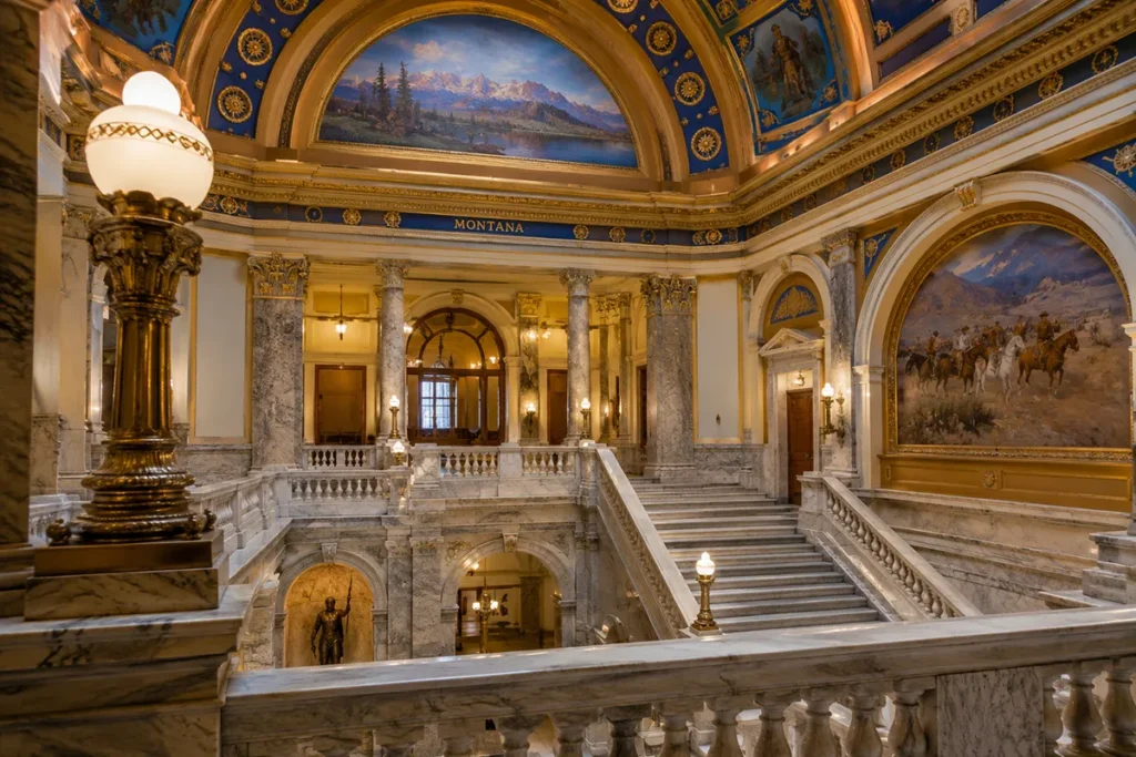 Interior of Montana State Capitol showing blue and gold decorative elements