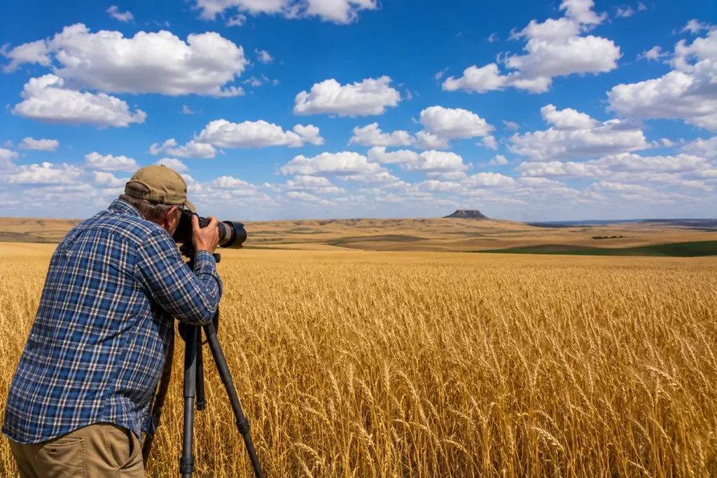 Photographer capturing rural wheat field