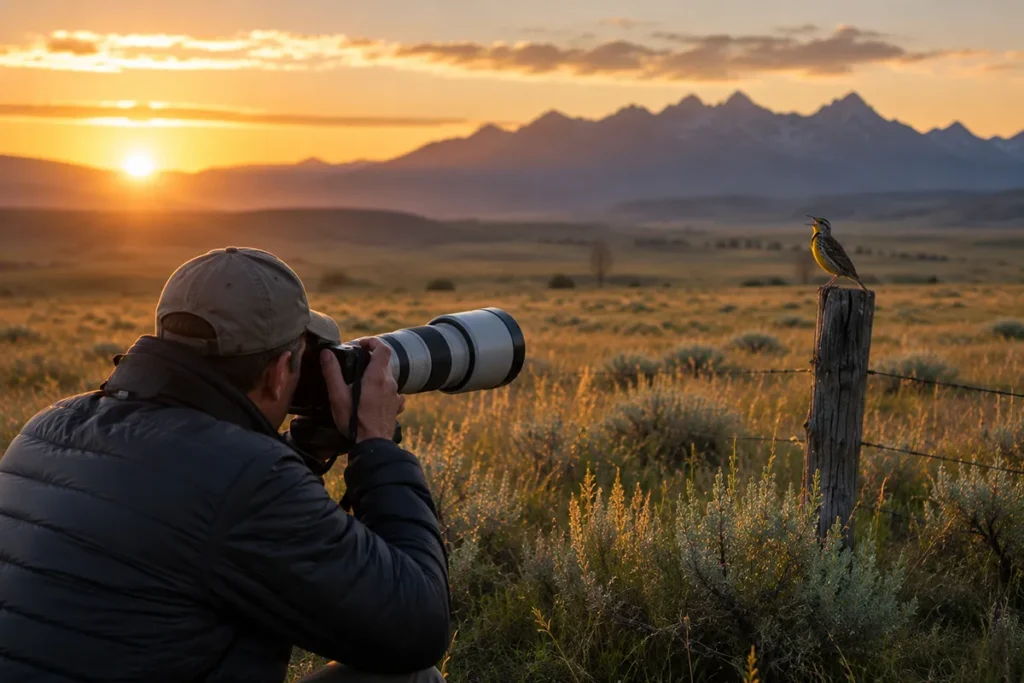 Photographer with telephoto lens photographing bird in Montana grassland at sunrise