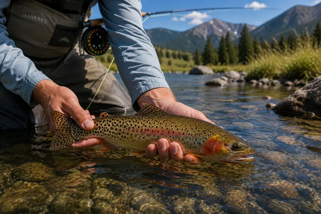 Angler releasing a cutthroat trout back into a clear Montana stream, demonstrating proper catch-and-release technique