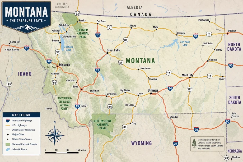 Road map showing Montana and all neighboring states with major highway routes