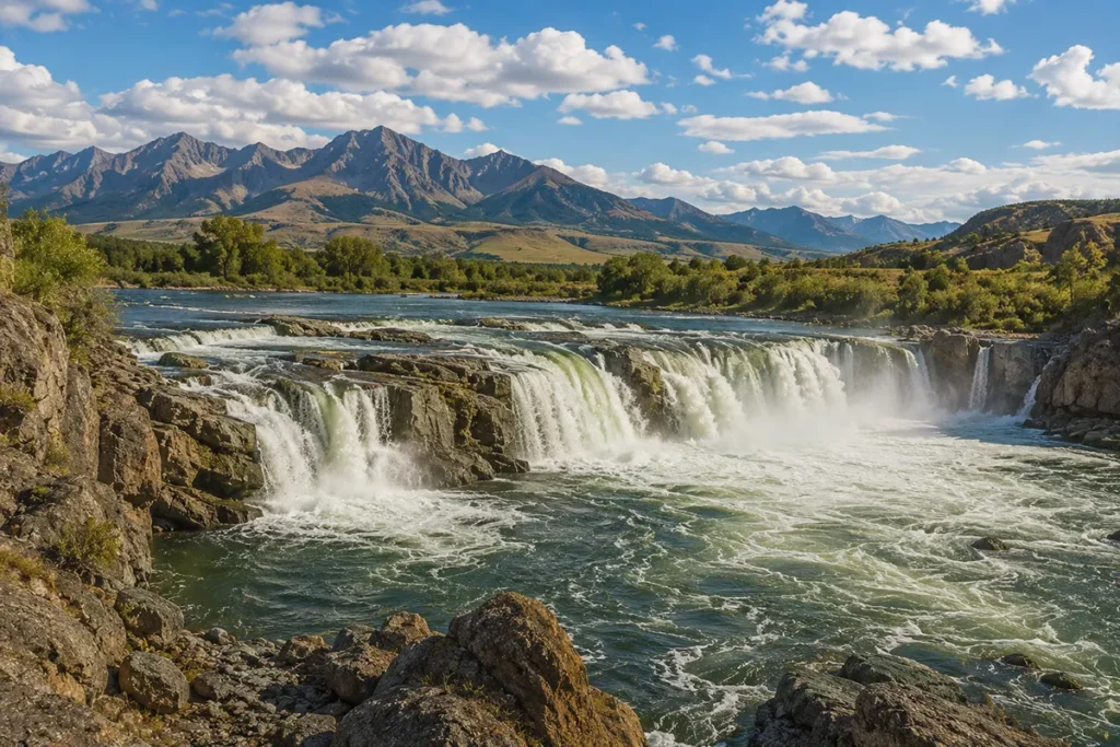 Great Falls of the Missouri River with mountains in background, similar to flag depiction