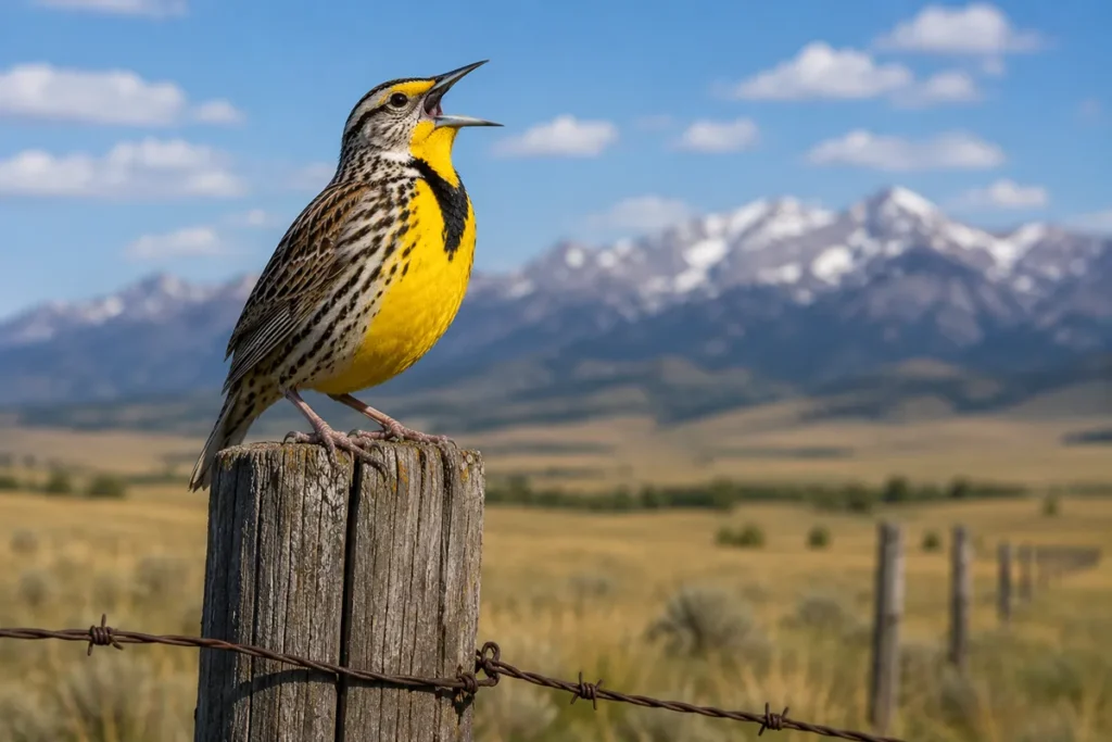 Western Meadowlark on weathered wooden fence post, singing