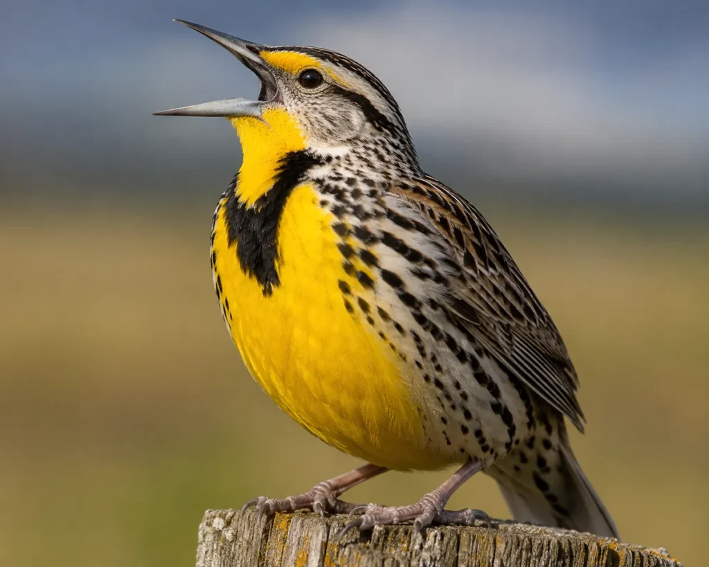 Close-up of Western Meadowlark showing distinctive yellow breast with black V marking