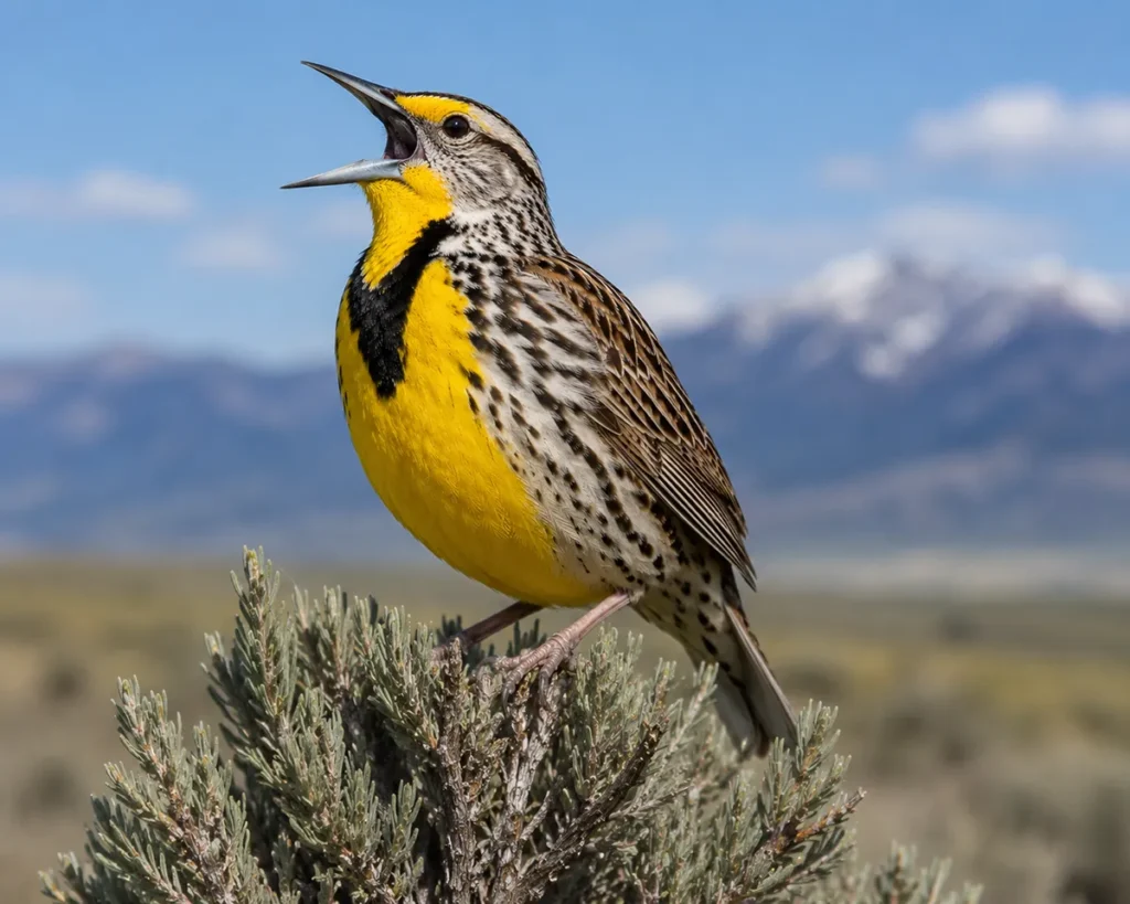 Western Meadowlark with beak open mid-song, perched on sagebrush