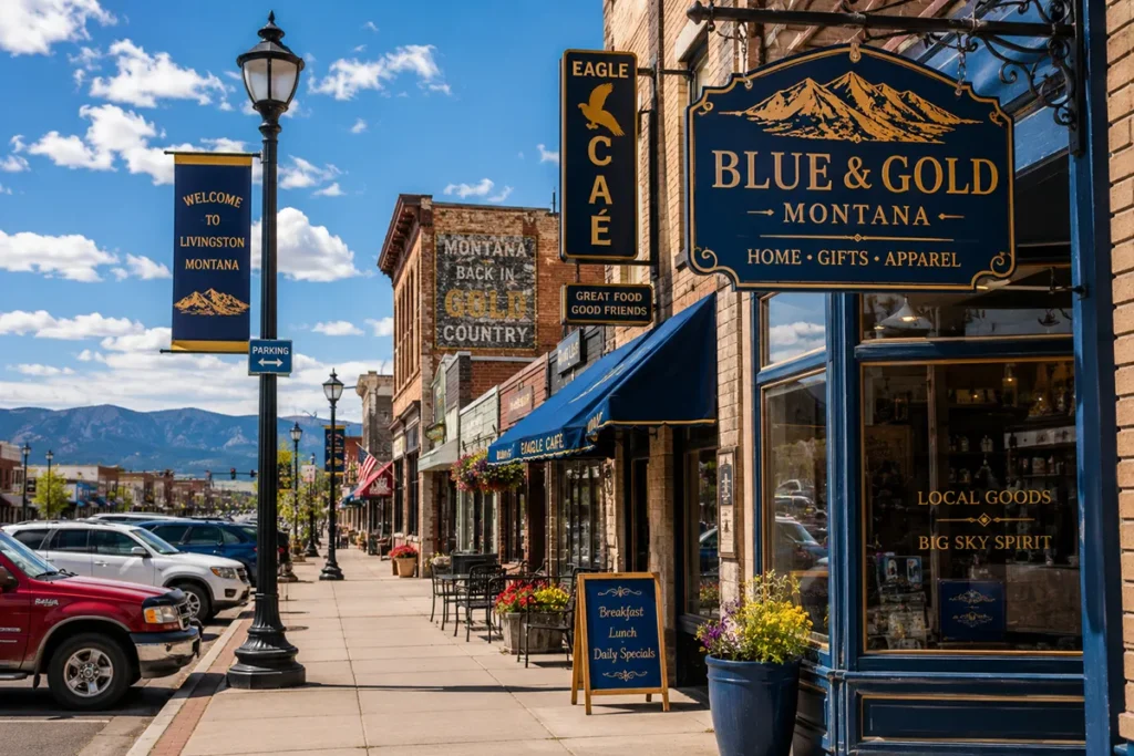 Small town Montana street scene showing blue and gold business signage
