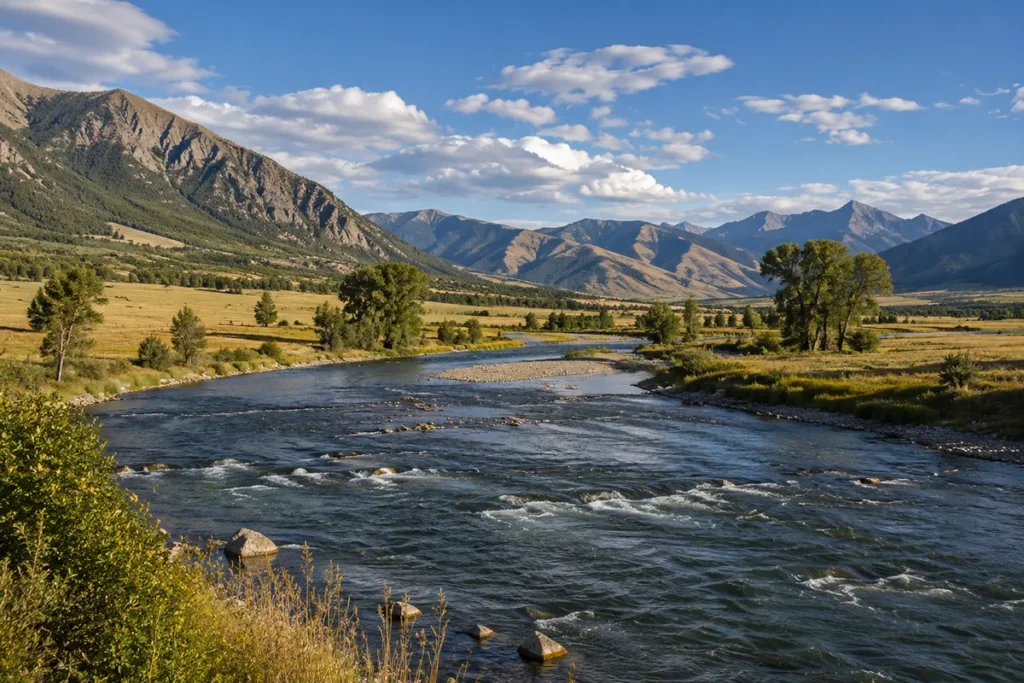 Scenic view of the Yellowstone River flowing through Paradise Valley with mountains in the background