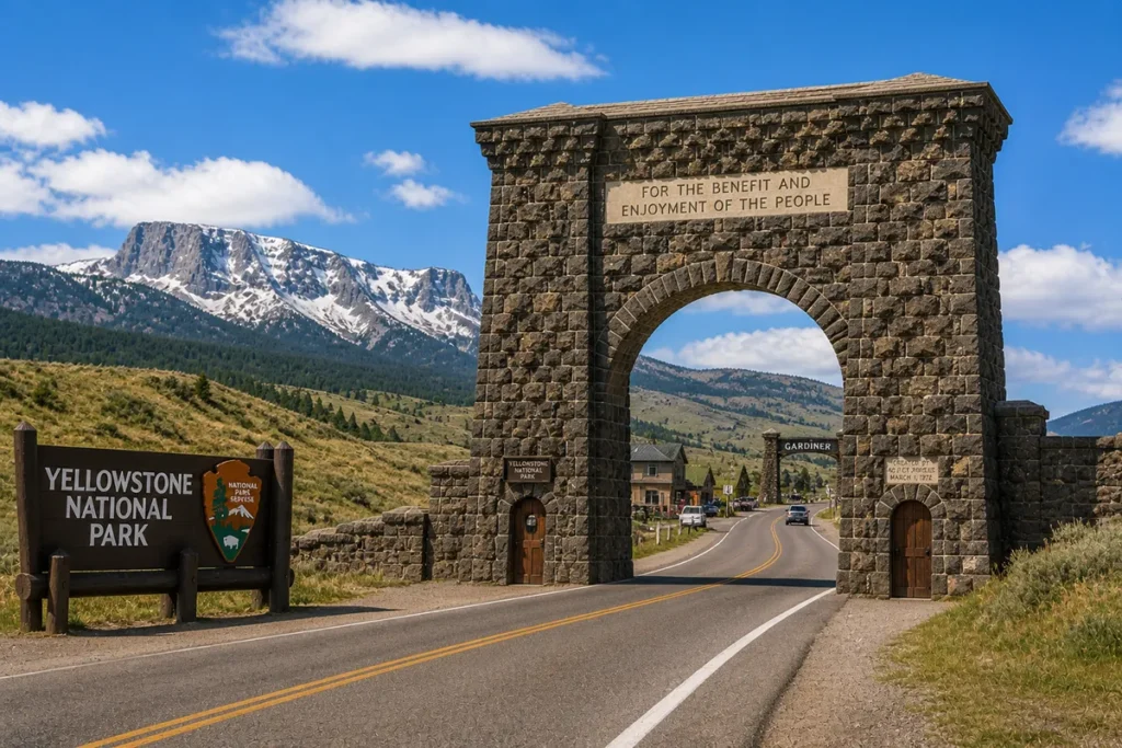 The Roosevelt Arch at Yellowstone's North Entrance in Gardiner, Montana, near the Wyoming border
