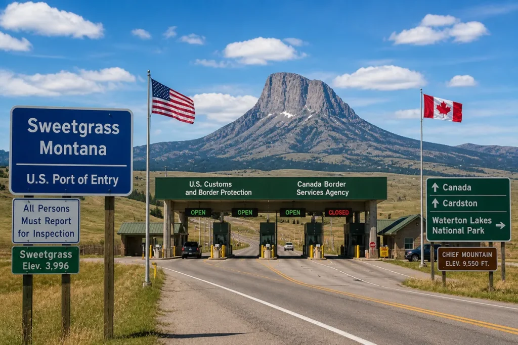 The US-Canada border crossing at Sweetgrass, Montana, showing the Chief Mountain in the background