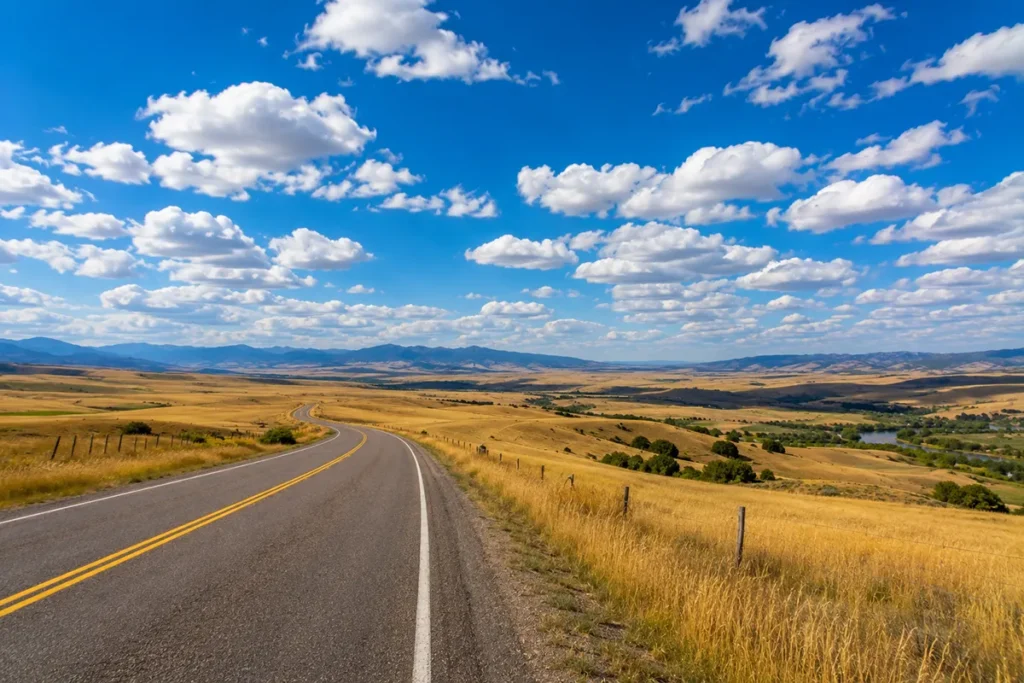 Scenic Montana roadway showing blue sky and golden grasslands panorama