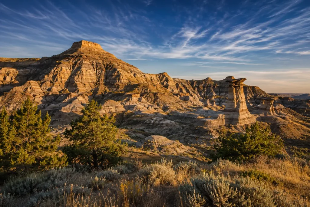 Sandstone badlands formations at Makoshika State Park near Glendive, Montana with sparse vegetation and dramatic late-afternoon light