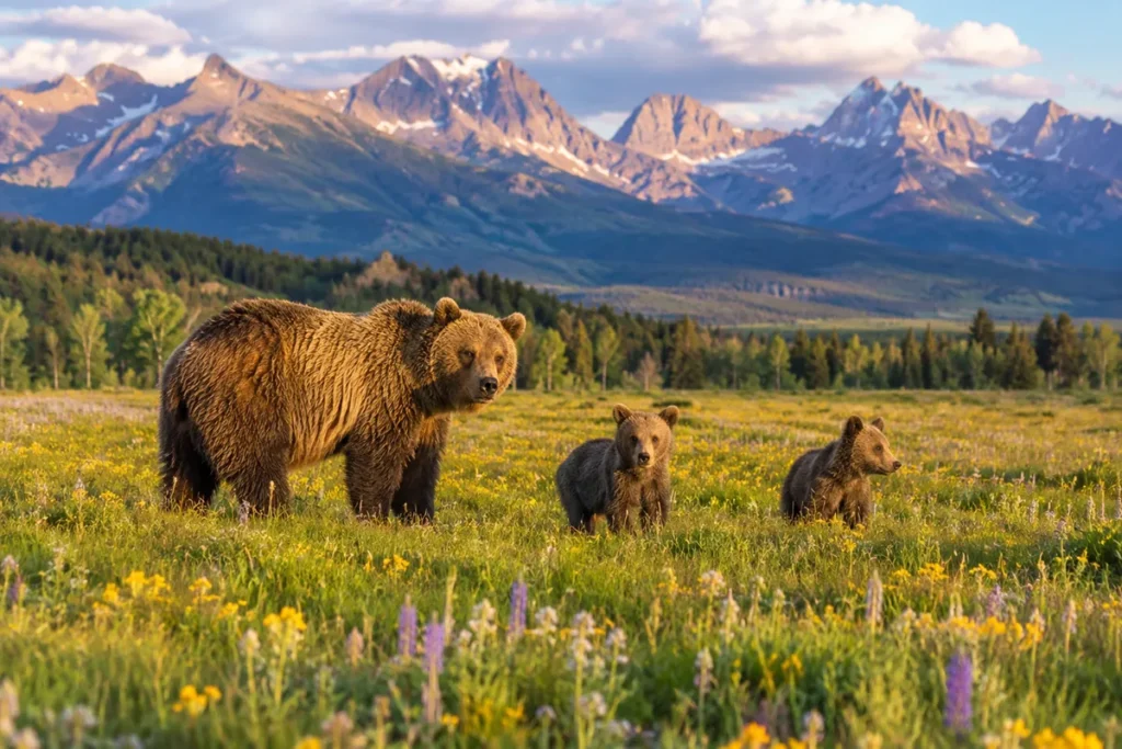 Grizzly bear mother with cubs in a Yellowstone meadow observed from safe distance