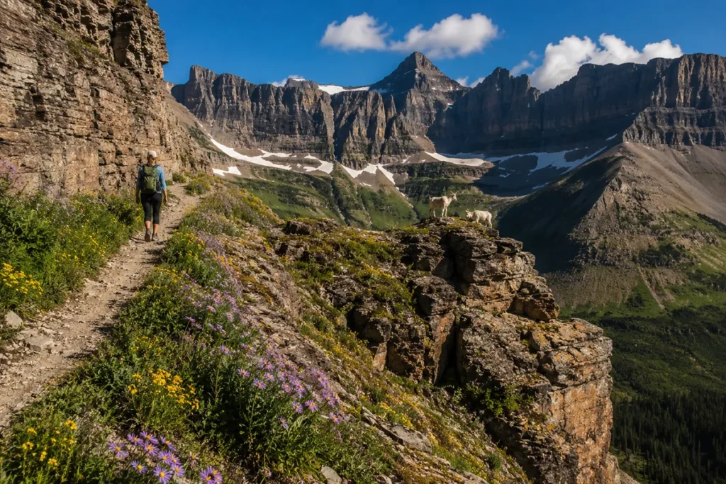 Hiker on the Highline Trail in Glacier National Park with mountain goats and wildflowers