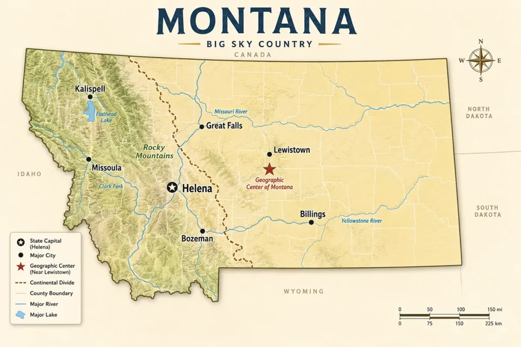 Montana state map showing geographic center near Lewistown, Fergus County, with major cities labeled