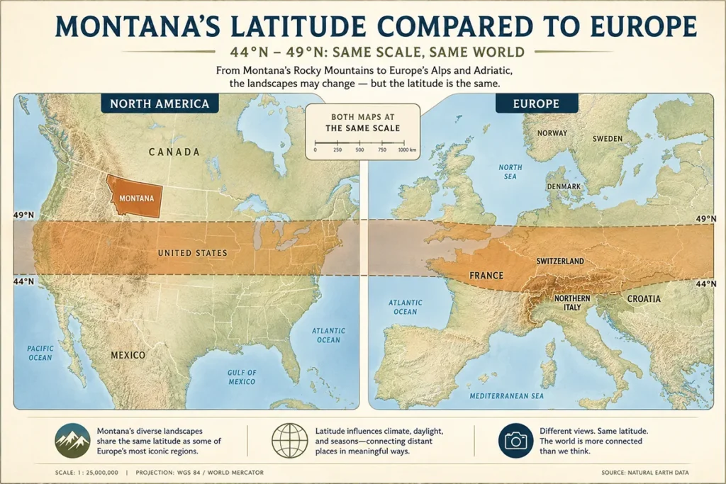 Side-by-side comparison showing Montana's latitude overlaid on a map of Europe, aligning with France, northern Italy, and Switzerland
