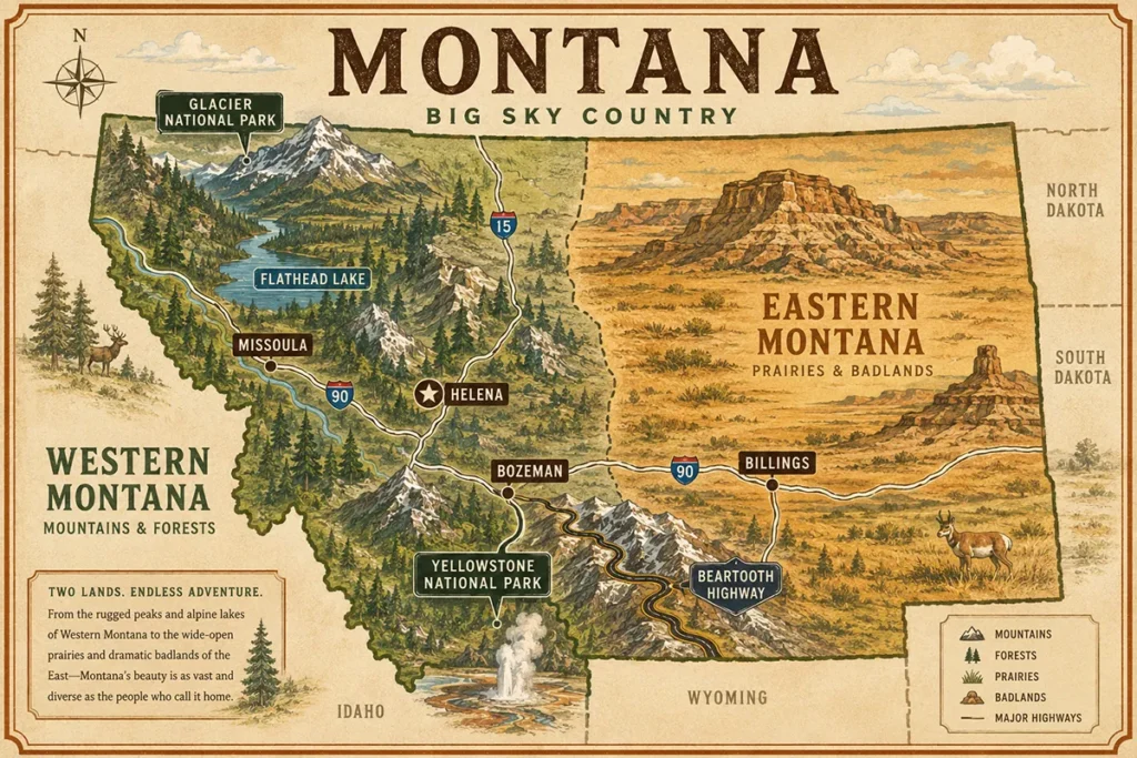 Map of Montana showing major regions, national parks, and key destinations