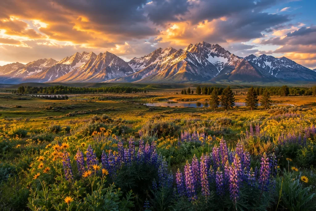 Panoramic view of Montana's Mission Mountains at sunset with wildflower meadow in foreground