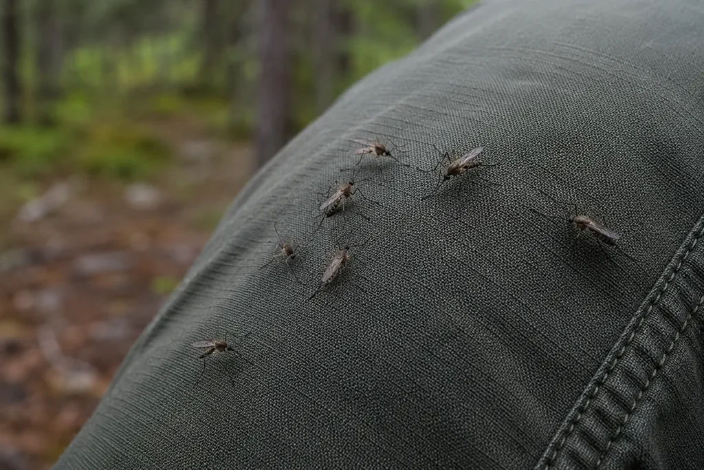 Close-up of multiple mosquitoes on hiking pants in Montana, showing peak bug season intensity