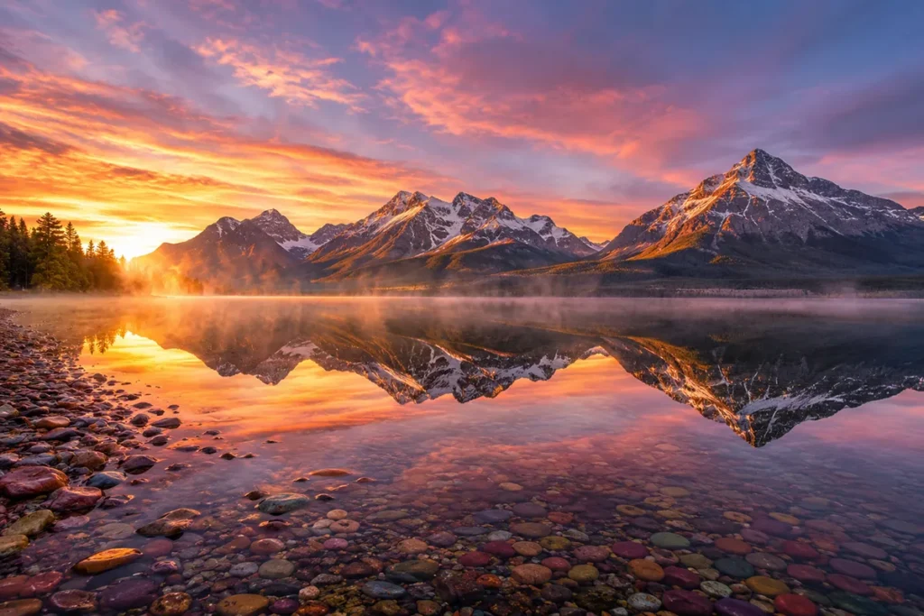 Sunrise over Lake McDonald in Glacier National Park with snow-capped peaks reflected in still water