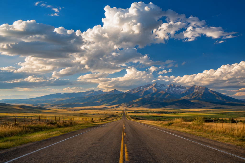 Montana highway stretching toward mountain horizon with big sky, illustrating the vast driving distances