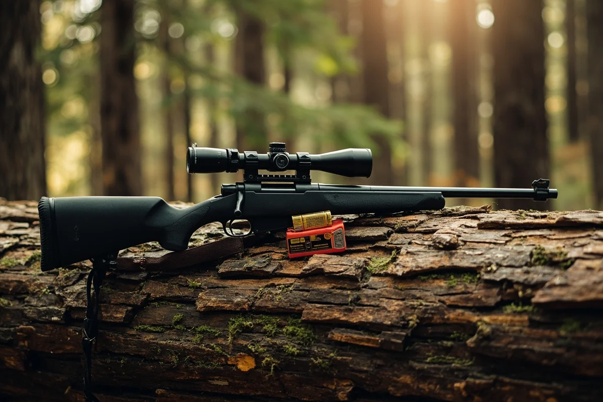.22 rifle with scope and ammunition on a fallen log in pine forest