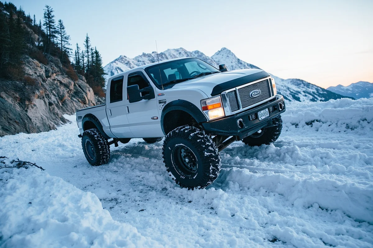 4WD truck navigating snowy mountain road with chains visible on tires